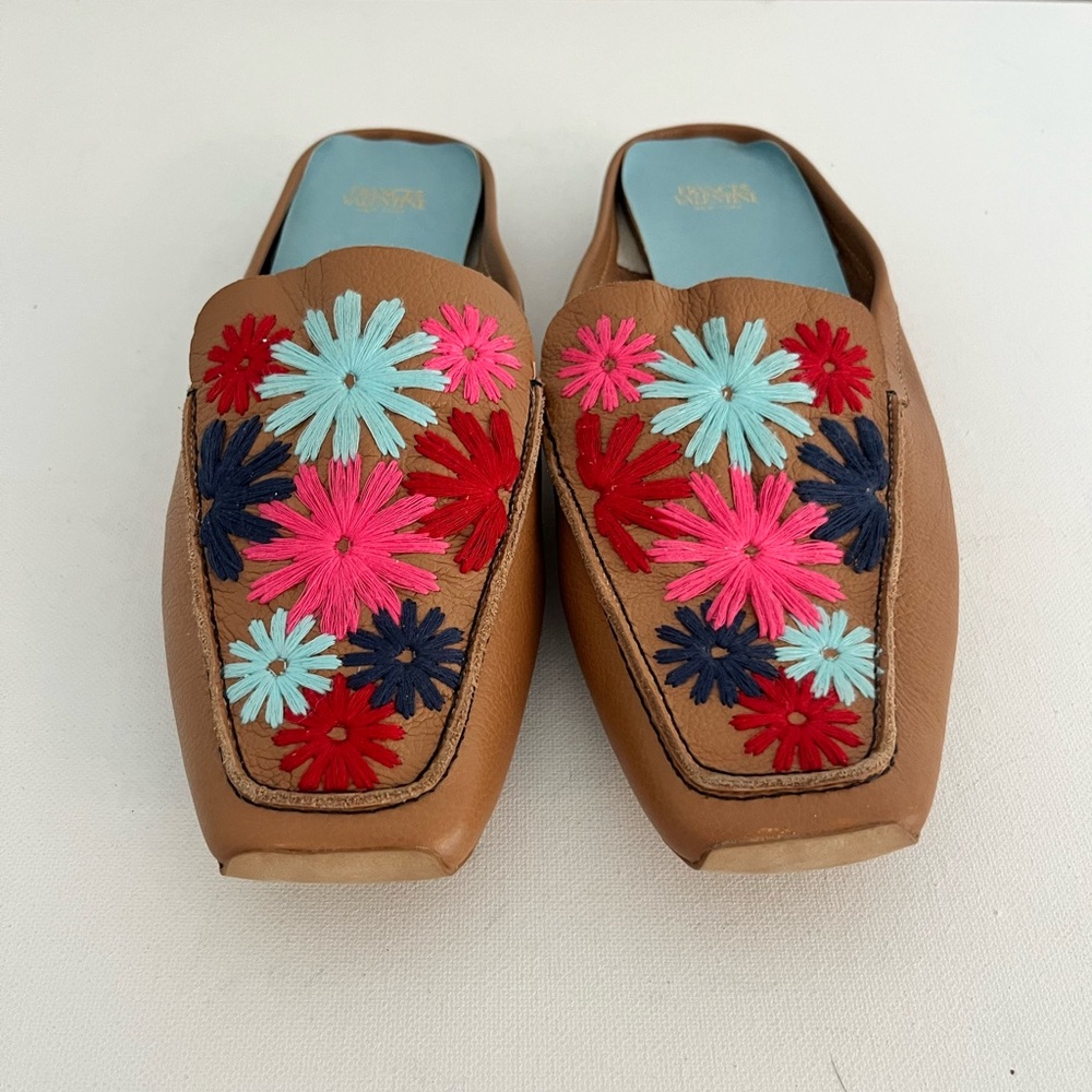 Frances Valentine Evelyn Dark Camel Tumbled Leather Mules with Floral Embroidery